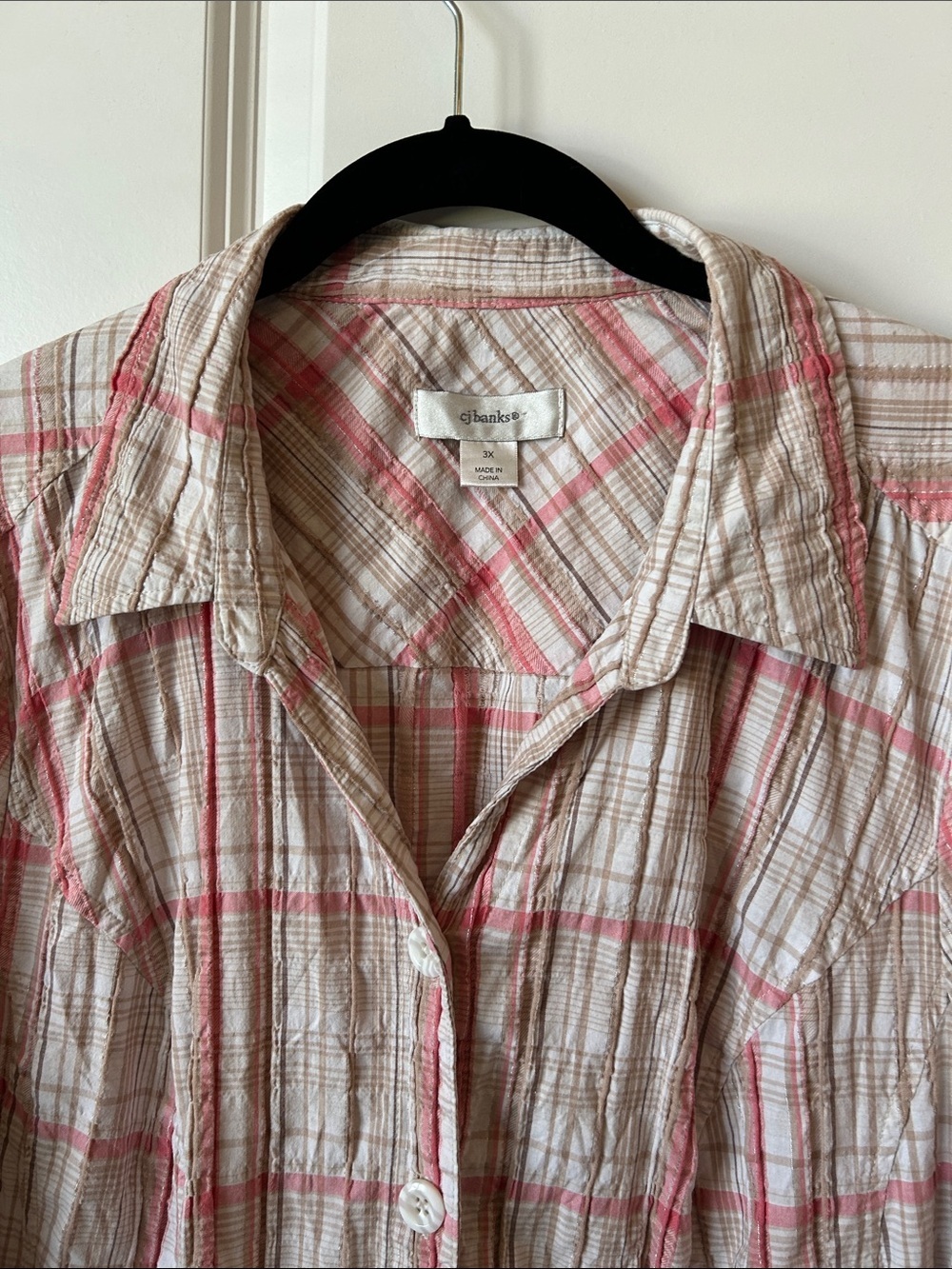CJ Banks Lightweight Plaid Button-Up Shirt in Cream & Pink 3X - Picture 2 of 11